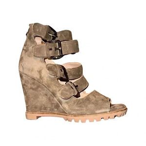 Linea Paolo Olive Green Suede High Wedge Multi Strap Peep Toe Size 6